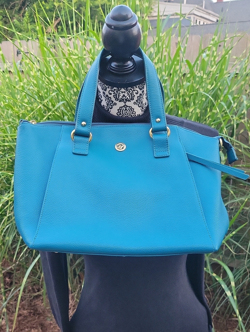 Ora Delphine Liza Teal Leather Tote with Gold Accent